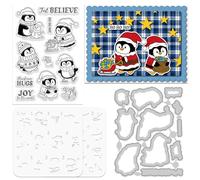 ORIGACH Winter Penguin Layering Stencil for Card Making, Christmas Words Stencil Silicone Clear Stamps and Metal Die Cuts Sets for DIY Scrapbooking Photo Album Crafting