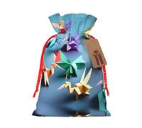 Origami Multicolor Papercraft Cranes Print Christmas Burlap Gift Bag With Drawstring, Present Small Favor Pouch For Birthday Parties-S Size
