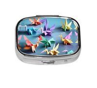 Origami Multicolor Papercraft Cranes Print Square Metal Pill Box Decorative Pill Case - Carry Your Meds in Style (Rectangular)