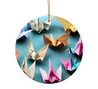 Origami Paper Crane Print Ceramic Round Pendant For Travel Ornaments For Home Decor Christmas Ornament
