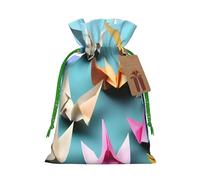 Origami Paper Crane Print Christmas Drawstring Gift Bags With Cards For Xmas Party Decorations Holiday