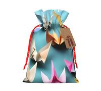 Origami Paper Crane Print Christmas Drawstring Gift Bags With Cards For Xmas Party Decorations Holiday