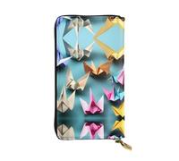 Origami Paper Crane Print Leather Long Clutch Wallet – Fashionable, Personalized with Multiple Card Slots, Zipper Pocket