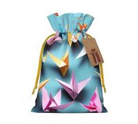 Origami Paper Cranes Print Christmas Drawstring Gift Bags With Cards For Xmas Party Decorations Holiday