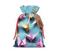 Origami Paper Cranes Print Christmas Drawstring Gift Bags With Cards For Xmas Party Decorations Holiday