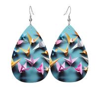 Origami Paper Cranes Print Leather Dangle Earrings - Lightweight Teardrop Costume Earrings for Parties, Valentine's Day