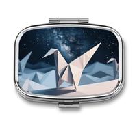 Origami Starry Sky pilldispenser with Mirror 2 Compartments Waterproof PillCase for Purse Pocket Non-Slip Grip Travel Medicine Organizer Container Box for Vitamin Fish Oil Supplement