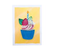 Origamo Blue Birthday Cupcake Mini Quilled Handmade Greeting Card For Birthdays - Miniature Range Yellow Backdrop, Hand-Finished, Envelope Included, Compact, Keepsake, Paper Art