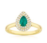 Origin 18ct Yellow Gold Emerald Double Pear Shaped Halo 0.20ct Diamond Ring