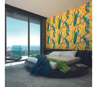 Origin Murals Flowery Peacocks Wall Mural - Yellow - Medium - W300cm x H240cm