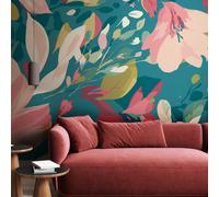 Origin Murals Flowing Flowers - Teal Blue and Coral - Large - W350cm x H280cm