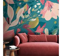 Origin Murals Flowing Flowers - Teal Blue And Coral Matt Smooth Paste The Wall Mural 350Cm Wide X 280Cm High