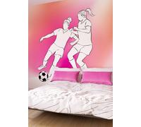 Origin Murals Girls Playing Football Wall Mural in Pink | Size: W350 cm x H280 cm Origin Murals Pink W350 cm x H280 cm