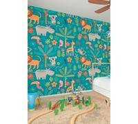 Origin Murals Jungle Animals Wall Mural in Teal | Size: W300 cm x H240 cm Origin Murals Teal W300 cm x H240 cm