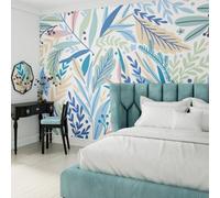 Origin Murals Tropical Blue Patterned Leaves Matt Smooth Paste The Wall Mural 350Cm Wide X 280Cm High