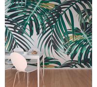Origin Murals Tropical Leaves White & Emerald Green Matt Smooth Paste The Wall Mural 300Cm Wide X 240Cm High