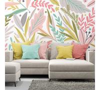 Origin Murals Tropical Patterned Leaves Green & Pink Matt Smooth Paste The Wall Mural 350Cm Wide X 280Cm High