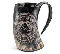 Original 100% Natural Handcrafted Horn Tankard - Viking Style Drinking Mug with Handle, Low Polished Animal Horn Cup for Ale, Beer, Mead & Decor. (Norse ValKnut, multicolor)