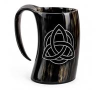 Original 100% Natural Handcrafted Horn Tankard - Viking Style Drinking Mug with Handle, Low Polished Animal Horn Cup for Ale, Beer, Mead & Decor. (Norse Val Knut, multicolor)