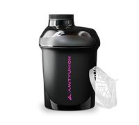 Original Amityunion small protein shaker 400 ml black purple deluxe, leak-proof, for protein drinks protein shakes and diet, with screw cap strainer, BPA-free, made in Europe