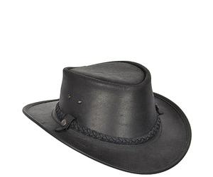 Original Australian Bush Hat Real Leather Cowboy Style Black Brown (M, Black)