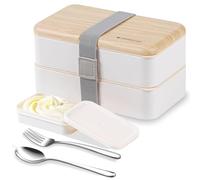 Original Bento Box Lunch Boxes Container Bundle Divider Japanese style with stainless steel Utensils spoon and fork (White)