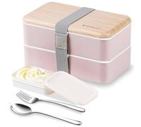 Original Bento Box Lunch Boxes Container Bundle Divider Japanese style with stainless steel Utensils spoon and fork (Pink)