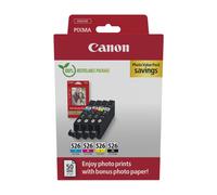 Canon CLI-526 C M Y BK VALUE Pack of 4 cartridges (Black Cyan Magenta Yellow) + 50 sheets of 10x15cm Photo Paper Genuine (Recycled Cardboard Multipack)