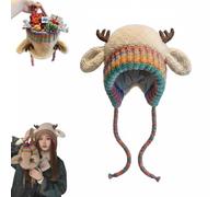 Original Design Festive Christmas Lamb Horn Hat Antler Hat & Bag, 2-in-1 Reindeer Knitted Beanie with Earprotection Khaki