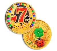 Original Double Sided Lucky Coin - Good Luck Charm Coin with Horseshoe, Four Leaf Clover, Ladybug and Lucky Number 7 Design - Poker Card Guard Gift for Good Luck, Prosperity and Success