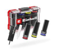 Original Einhell Impact socket set 5-piece (3x 80 mm sockets, CrMo steel, plastic sleeve, tread depth gauge, tyre chalk, M-CASE, for light alloy rims)