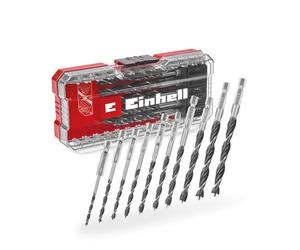 Original Einhell S-CASE 10-Piece Wood Drill Bit Set (Double-Spiral, Made of Roll-Rolled C45 Tool Steel, E 6.3 Shank, 3-Point Ground Joint, Centring Tip incl. Storage Box)