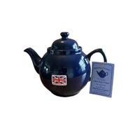 Original English Brown Betty Ceramic Teapot with Rockingham Glaze, Blue 6 Cup
