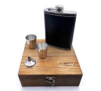 Original gifts for men, flask, glasses and funnel set. Alcohol flask, whiskey, jack daniels, in elegant wooden box, Shernax.