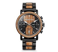 Original Grain Whiskey Black Chrono Watch 44mm - Reclaimed Whiskey Barrel Wood & Matte Black Stainless Steel, Chronograph Men’s Watch with Date Function, Handcrafted Timepiece
