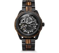 Original Grain Whiskey Black Rugged Automatic 44mm Wooden Watch for Men | Charred oak whiskey barrel wood, black 316L steel, skeleton dial, sapphire crystal, 40-hour power reserve and 5ATM