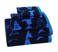ORIGINAL KIDS 6 Piece Towel Set - Bath Time Shark Attack- 2 Bath Towels, 2 Hand Towels, 2 Washcloths - 100% Cotton Jacquard Soft Absorbent Quick Dry Pool Beach Towel Gift - Navy Blue