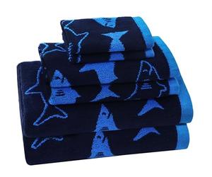 ORIGINAL KIDS 6 Piece Towel Set - Bath Time Shark Attack- 2 Bath Towels, 2 Hand Towels, 2 Washcloths - 100% Cotton Jacquard Soft Absorbent Quick Dry Pool Beach Towel Gift - Navy Blue
