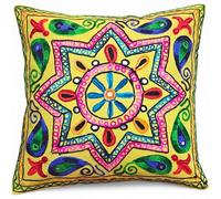Original Kikan Boho Indian Star Suzani cushion cover 40 x 40 cms, Suzani Multi Colour Embroidery - 16"x16" Ethnic Cushion Covers Vegan Eco FreindlY (YELLOW)