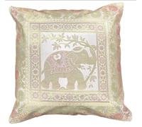 Original Kikan Indian Elephant Mandala Silk Cushion Covers Sari Brocade Boho Home Decor Cushion- Pillow Cases 16”x16” Zip Closure Banarsi | Ethnic - Handmade - Patchwork (White)