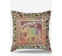 Original Kikan Indian Elephant Mandala Silk Cushion Covers Sari Brocade Boho Home Decor Cushion- Pillow Cases 16”x16” Zip Closure Banarsi | Ethnic - Handmade - Patchwork (Brown)