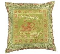Original Kikan Indian Elephant Mandala Silk Cushion Covers Sari Brocade Boho Home Decor Cushion- Pillow Cases 16”x16” Zip Closure Banarsi | Ethnic - Handmade - Patchwork (Olive Green)