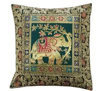 Original Kikan Indian Elephant Mandala Silk Cushion Covers Sari Brocade Boho Home Decor Cushion- Pillow Cases 16”x16” Zip Closure Banarsi | Ethnic - Handmade - Patchwork (Dark green)
