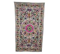 Original Kikan Rectangle Floral Suzani Art Sequinned Indian Wall Hanging Tapestry Cotton Embroidered Runner Ethnic boho (Grey)