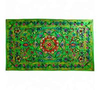 Original Kikan Rectangle Floral Suzani Art Sequinned Indian Wall Hanging Tapestry Cotton Embroidered Runner Ethnic boho (Green)
