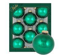 Original Lauschaer Christmas tree decorations - set of 8 plain shiny emerald green, 6.7 cm, with golden crown + 50 quick hangers in gold