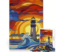 Original Lighthouse Against The Waves at Sunset 1000 Piece Jigsaw Puzzles for Adults Jigsaw Smart Game Together Fun Image Assembly Seasonal Gift (38x26cm)