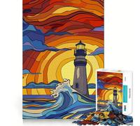Original Lighthouse Against The Waves at Sunset 1000 Piece Jigsaw Puzzles for Teenagers Jigsaw Memory Lift Light Relax Image Assembly (38x52cm)