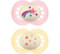 Original Night Soother 16+ Months (Pack of 2), Sustainable Baby Soother, SkinSoft Silicone Teat, Glow in the Dark Soother, Pink (Designs May Vary)