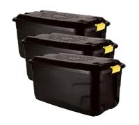 Original Organics 190L Heavy Duty Plastic Storage Box with Wheels and Lockable Lid - Black, Extra Large Mobile Storage Trunk for Garden, Garage and Home Equipment Storage, Set of 3